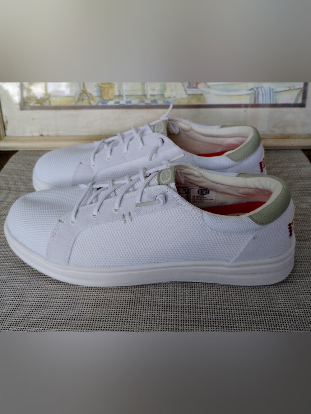 Men's Hey Dude "Paul Pro Mesh" White Synthetic Mesh/Red No-Tie Slip-Ons. Size 10